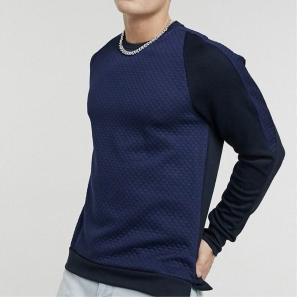 Karl Lagerfeld Size XXL Textured Knit Quilted Blue Color block Pullover Sweater